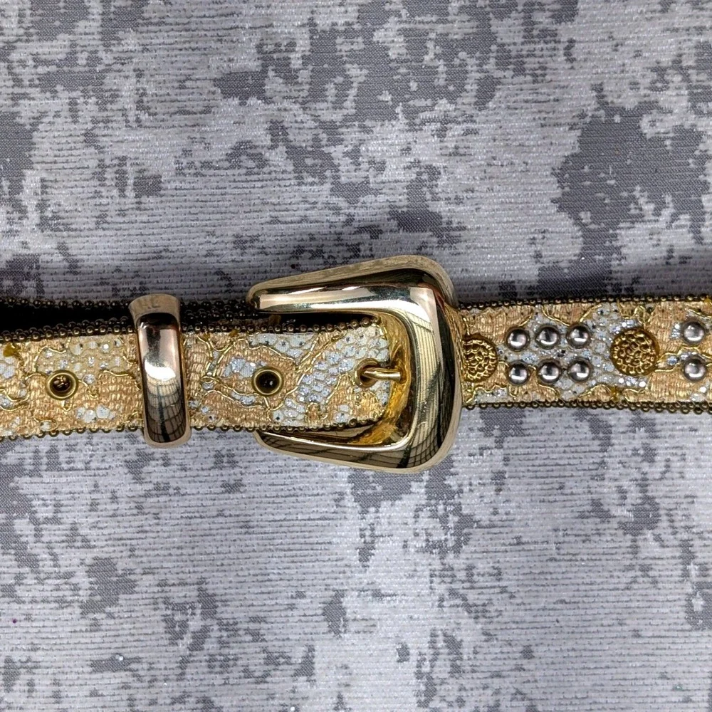 Vintage Gold Lace Silver Glitter Studded Western Boho Belt Gold Buckle 32.5in